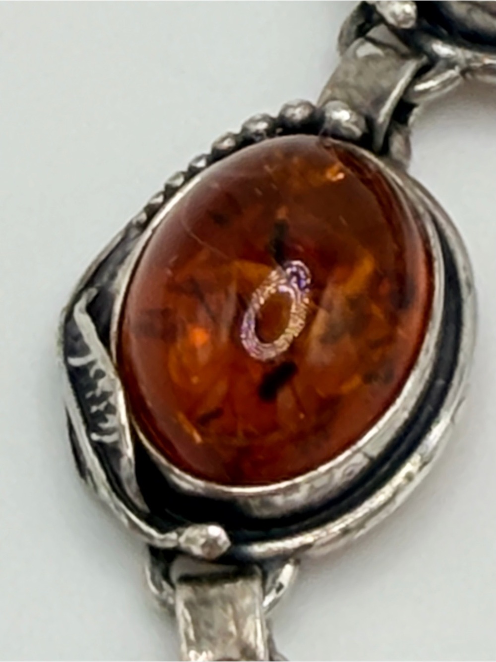 Vintage Oxidized Sterling Silver Leaf Pattern w/Oval Amber Cabochons Bracelet - Picture 11 of 16